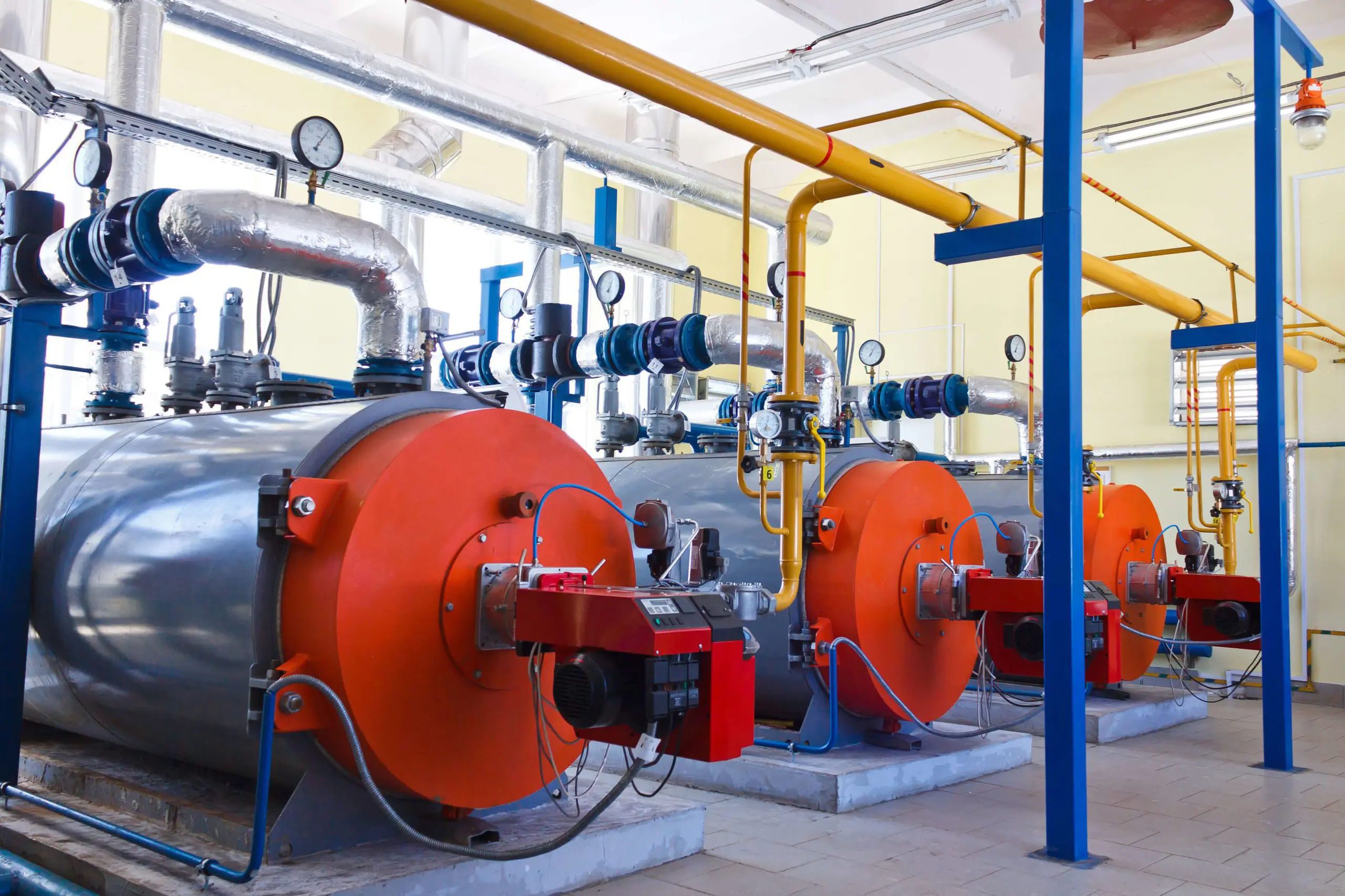 High-efficiency industrial steam boilers in a commercial mechanical room with custom piping and gas line installation