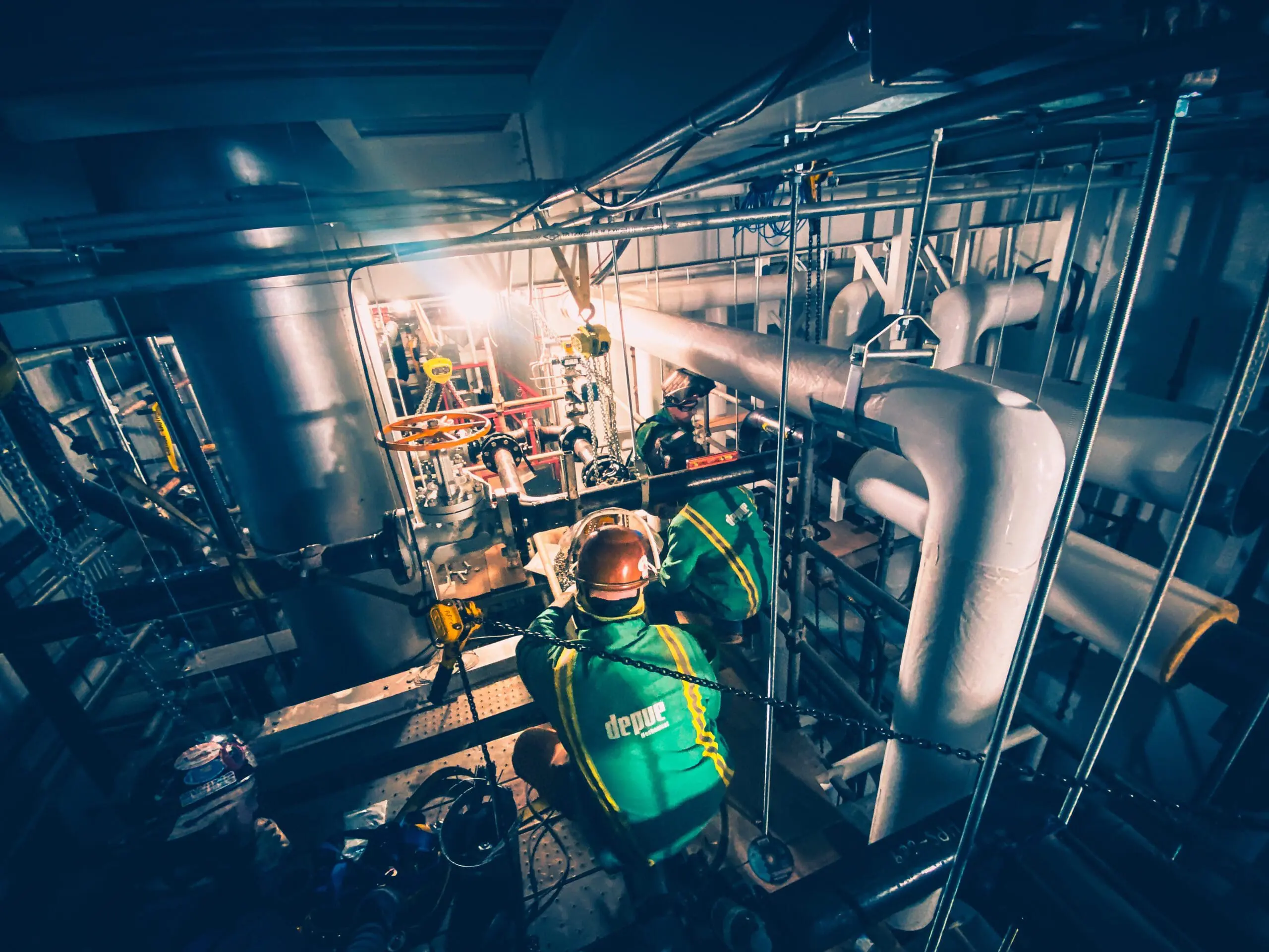 Pipefitters working on industrial piping tie-ins inside an active facility