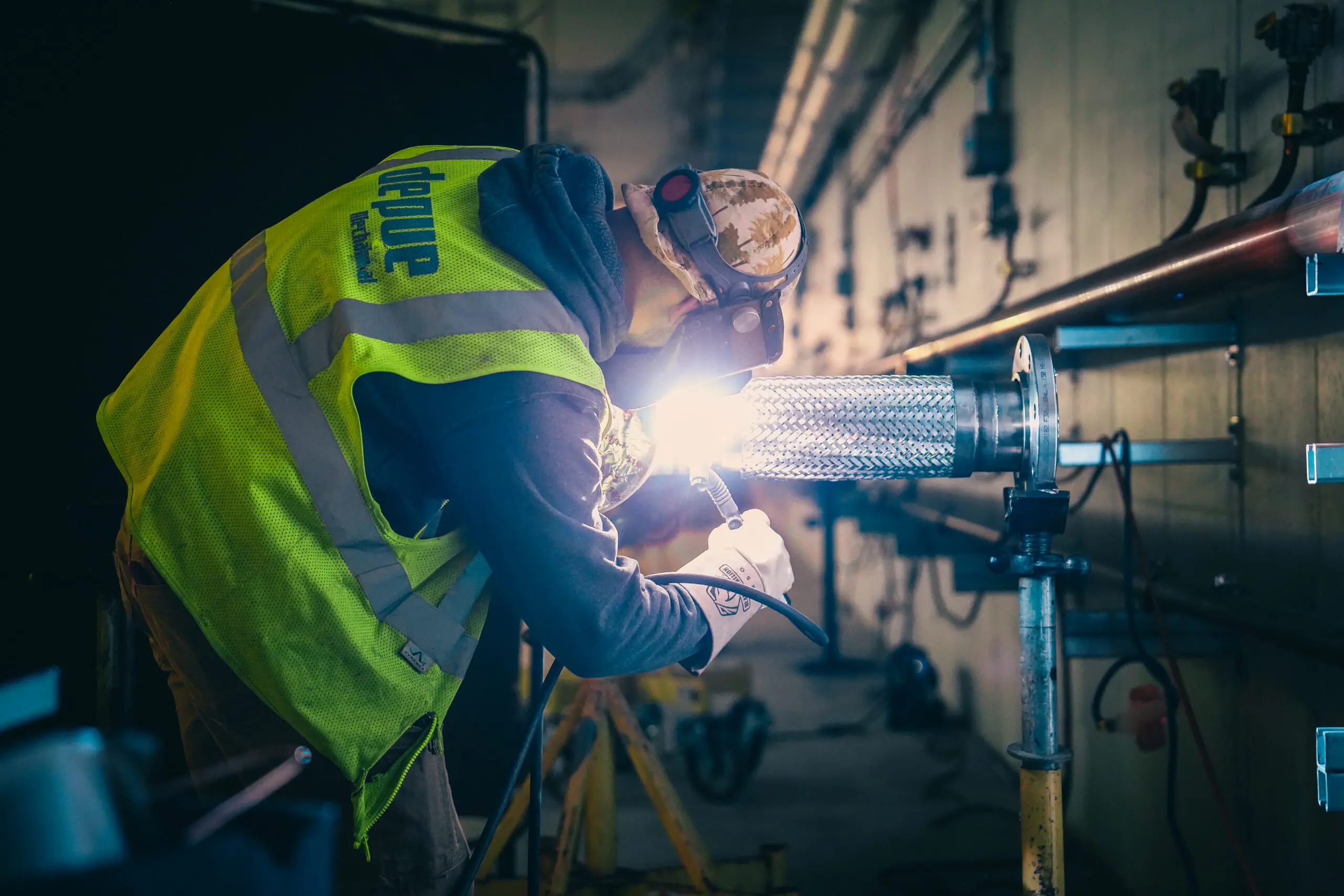 DePue Mechanical welder performing industrial pipe welding inside a facility.